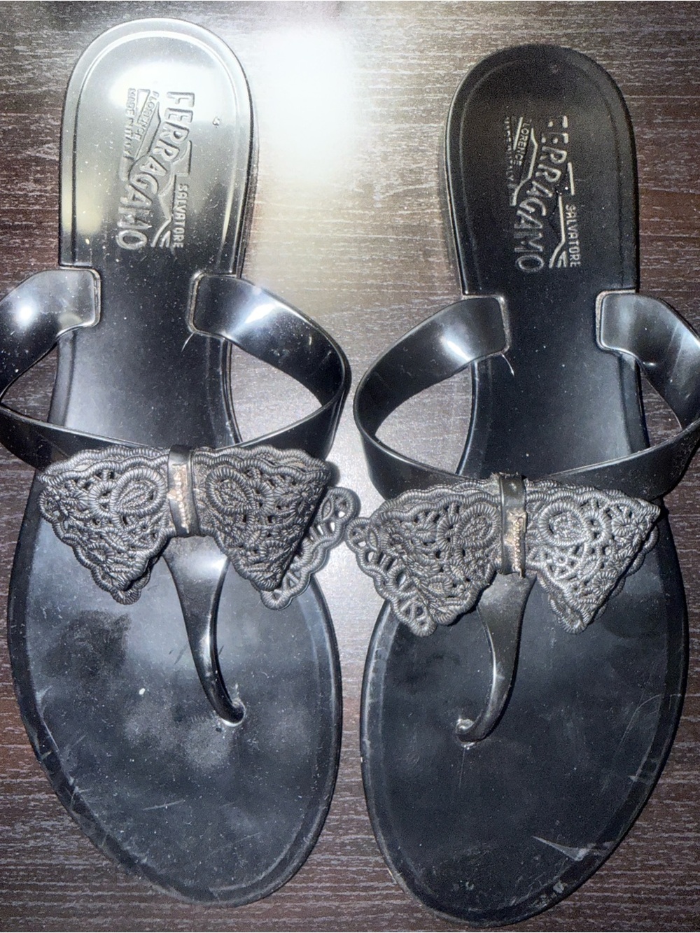 Salvatore Ferragamo Black Bow Thong Sandals with Lace Bow